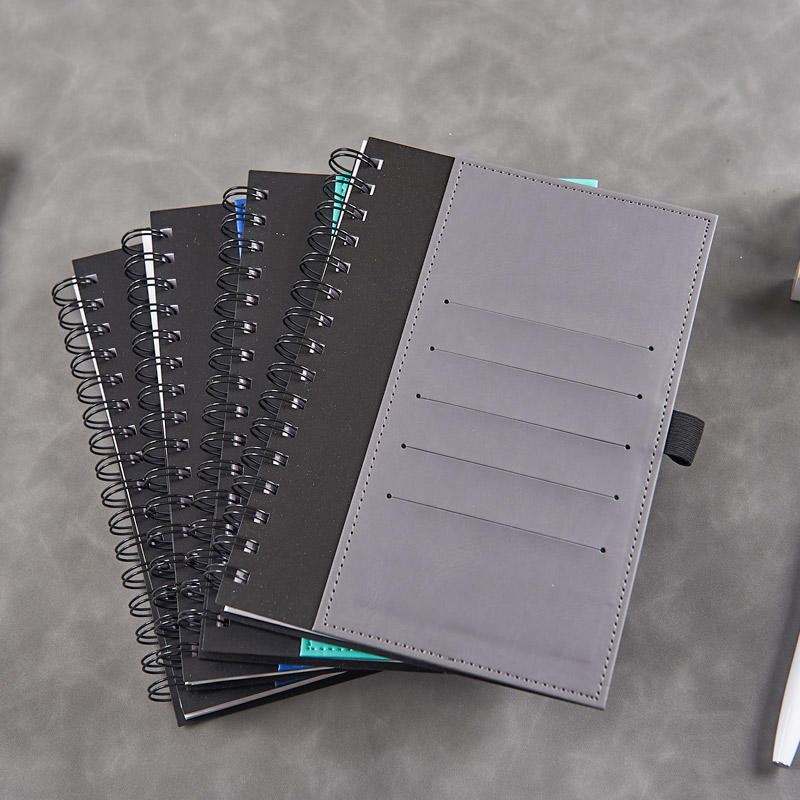 A5PP stitched  spiral notebook with PU ,six card slots and a penloop