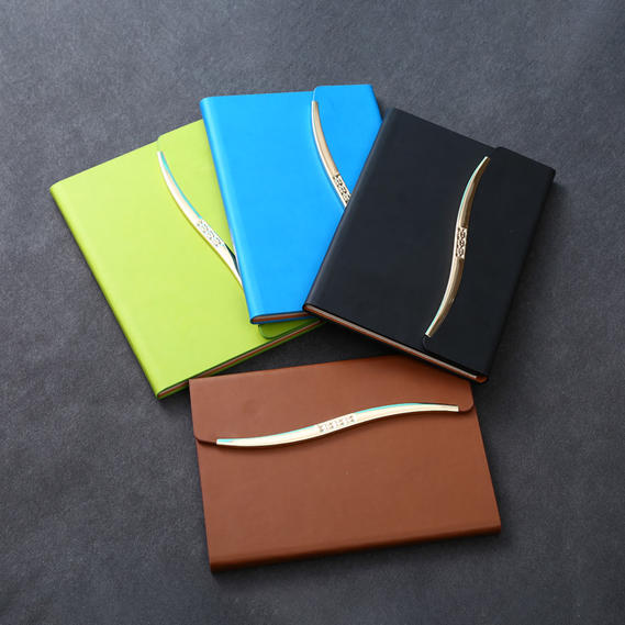 A5pu triple folding hardcover notebook with  delicate metal accessary D39046